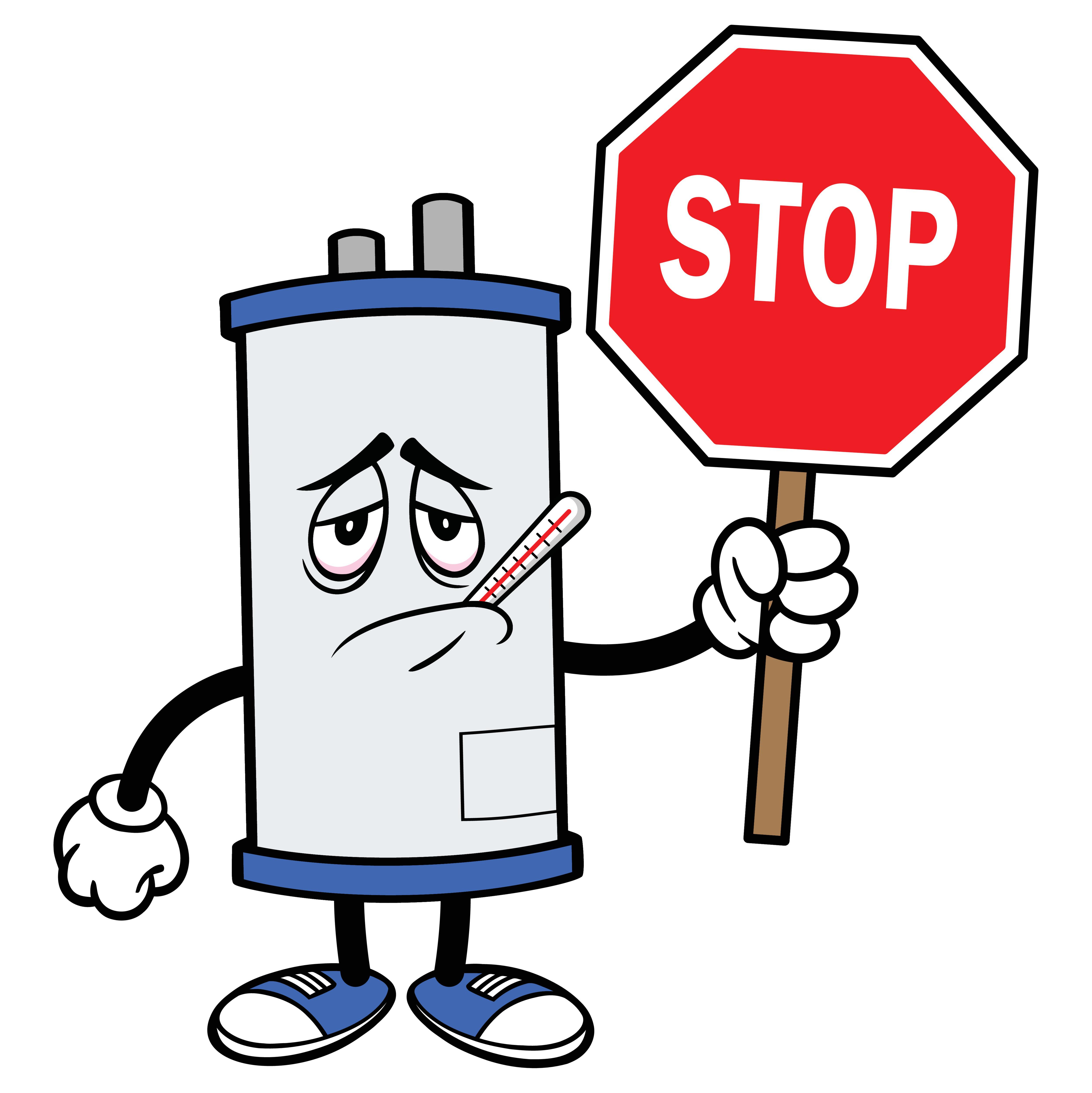Water Heater Sick with Stop Sign - A cartoon illustration of a Sick Water Heater Mascot with a Stop Sign.